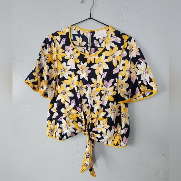 Cinq A Sept Kristi Floral Silk Tie Crop Short Sleeve Floral Blouse Small - Picture 3 of 8